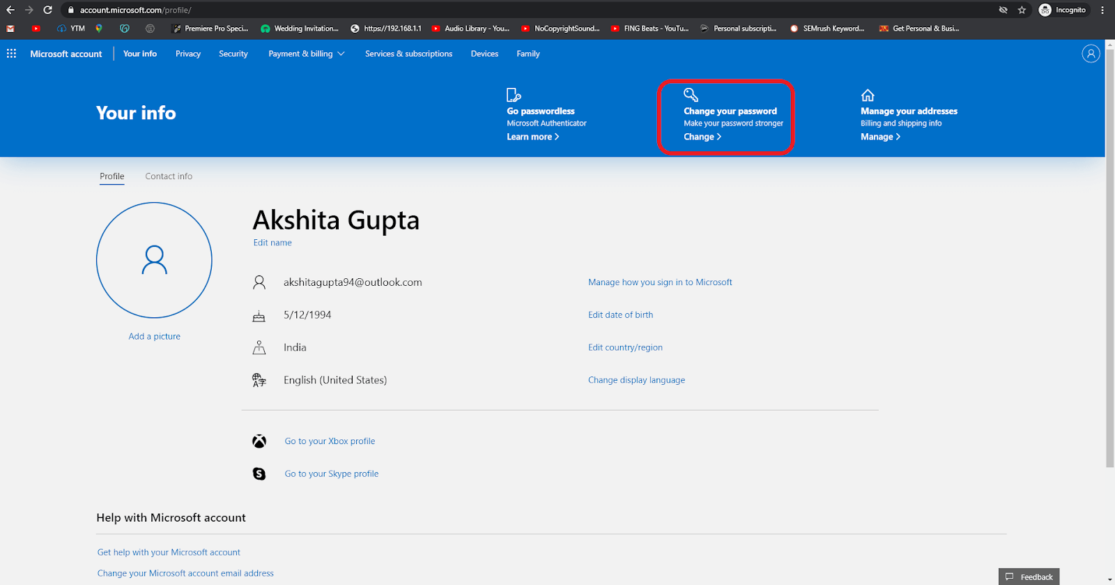 update your Outlook Password