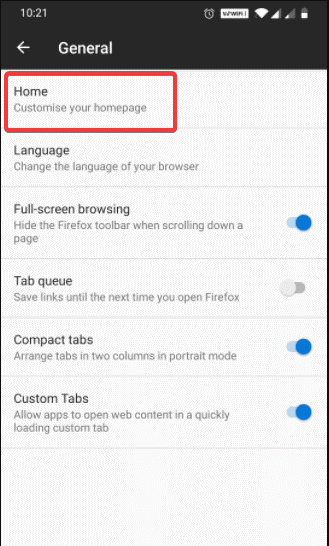 Choose Home in General Settings