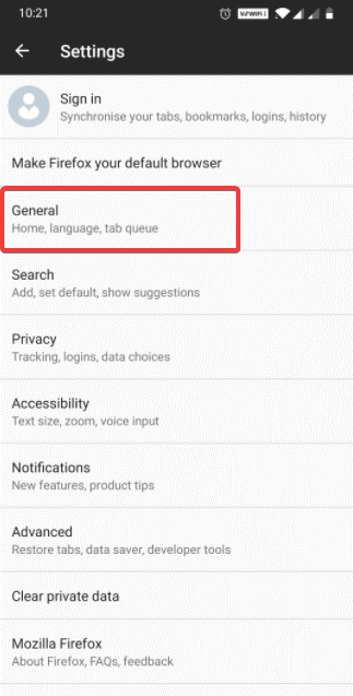 Go to the General Setting of Android