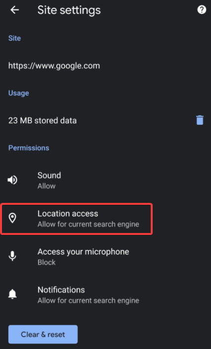 Location Access on site setting