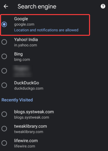Select Google as Search Engine