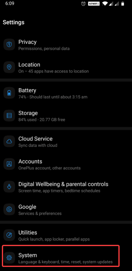 System in Android Settings
