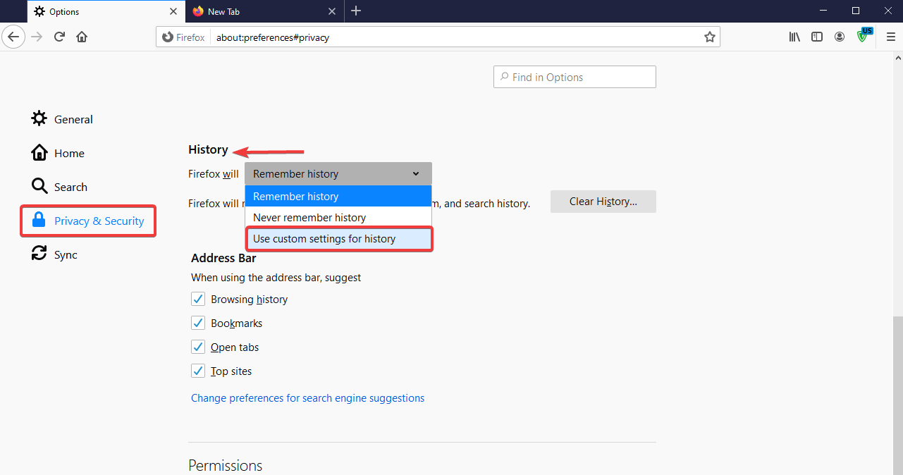 Use Custom Setting for history on Firefox