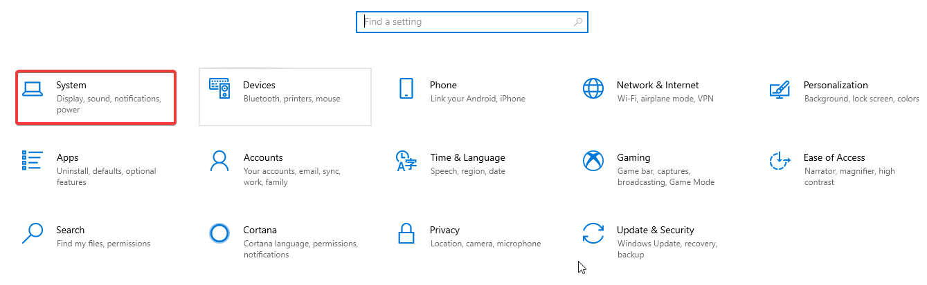Click on System in settings of Windows 10