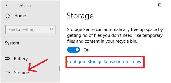 Configure Storage Sense - windows 10