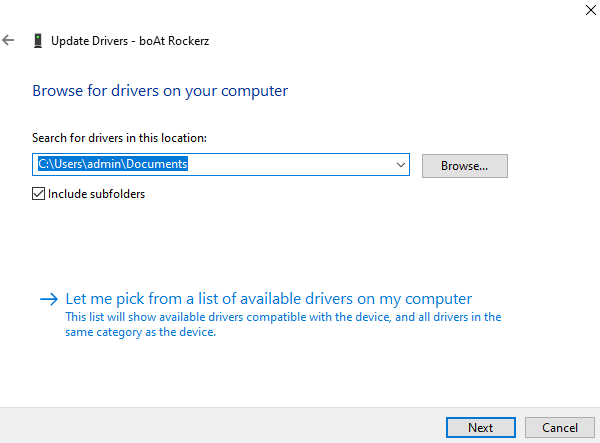 Browse button for driver software