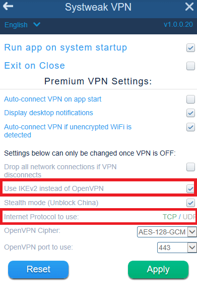 Choose Protocol at Systweak VPN