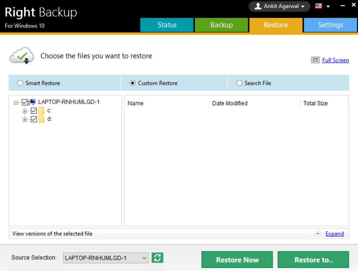 Choose files for restore