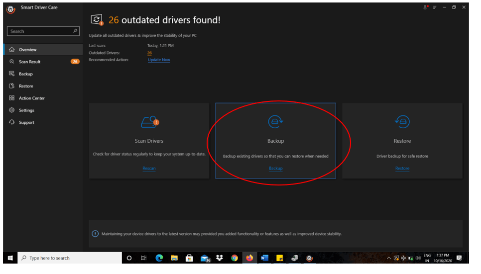 Click on Backup at SDC