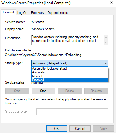 Disable Windows Search Service