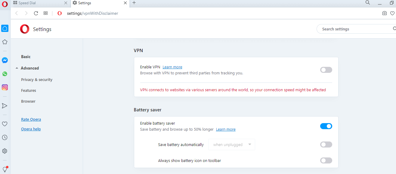 Opera - Browser With built in VPN