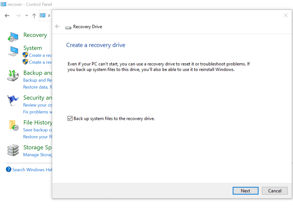 Recovery Drive windows 10