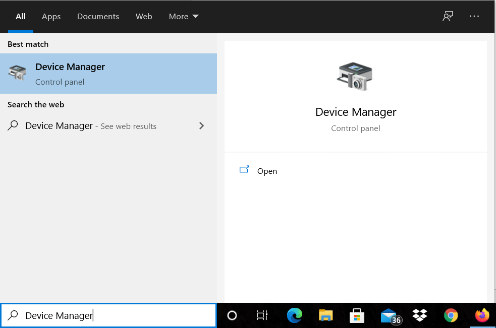 Search for device manager in Taskbar