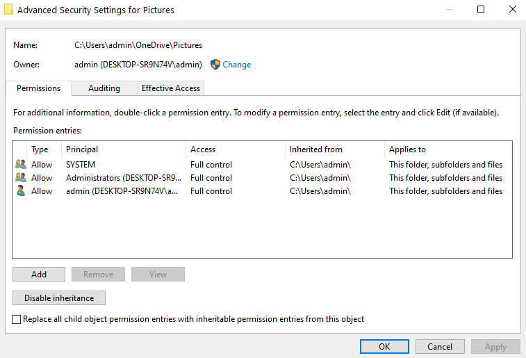 Advanced Security Settings for Pictures