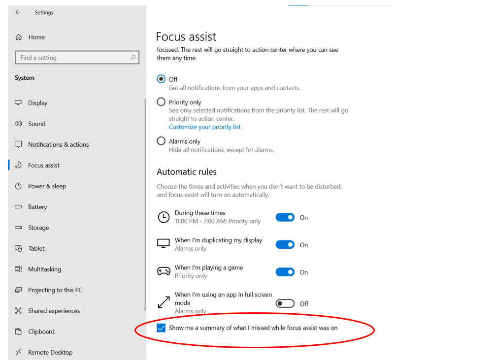 Focus Assist Summary