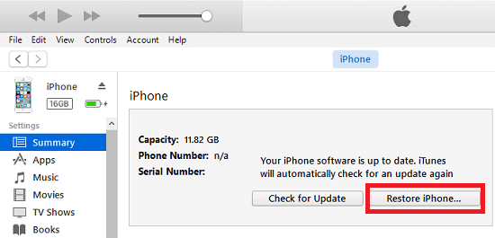 Restore iPhone button on iTunes