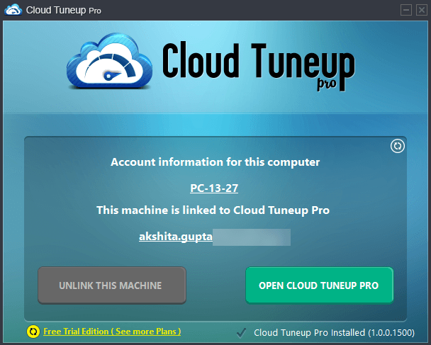 Account information for cloud tuneup pro