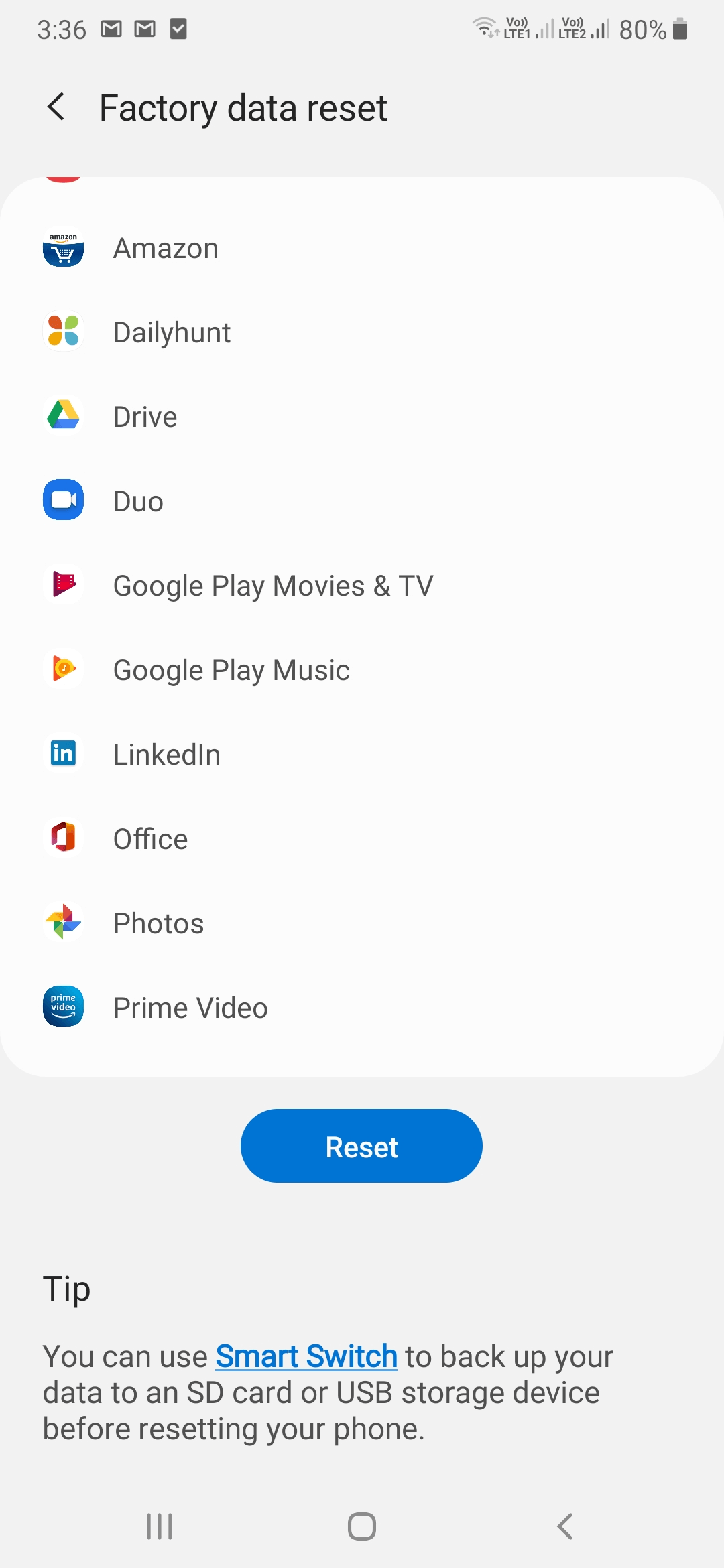 Factory Data reset on android