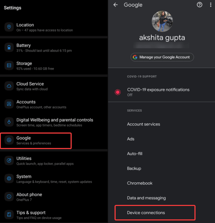 Go to Device Connection on Google Android