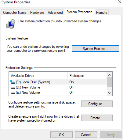 System restore Properties