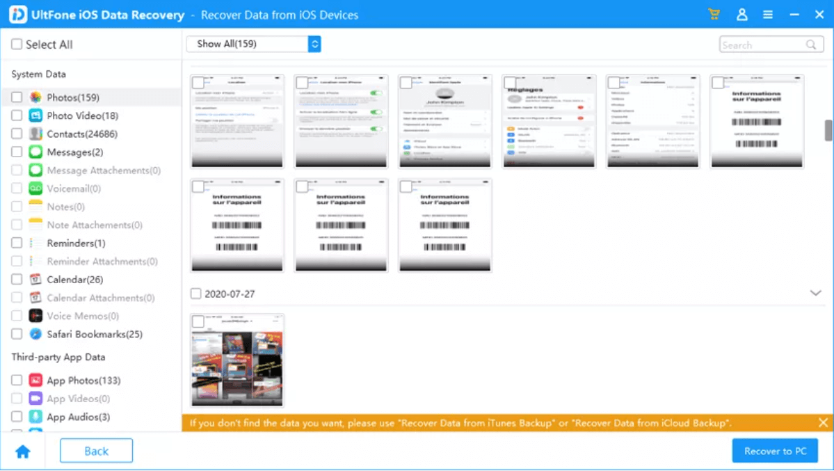 UltFone iOS data recover - Select you want to restore