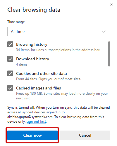 Clear Browsing data - Clear now
