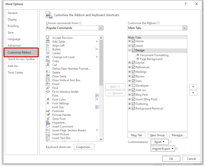 Customize Ribbon Options