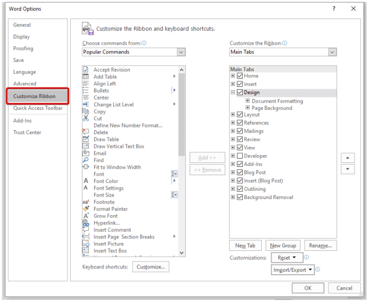 Customize Ribbon in Word