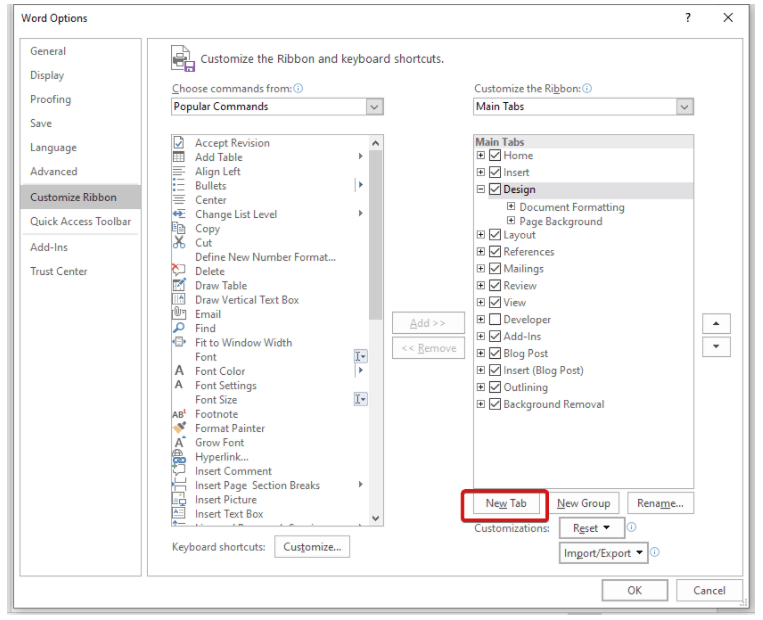 New Tab in Word Options