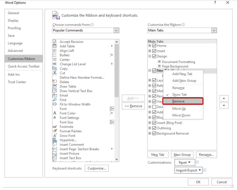 Word Options to Remove