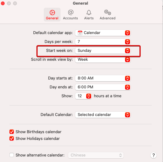 start week on calendar on mac