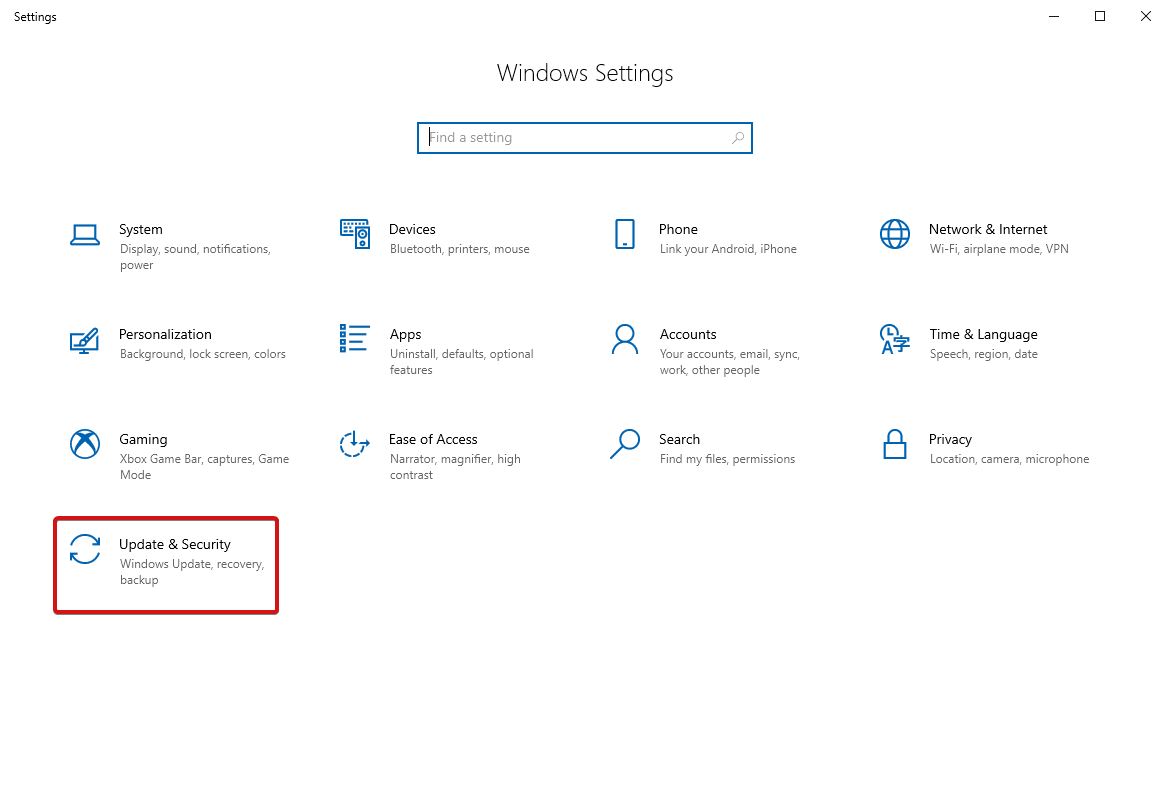 Windows setting - update and security
