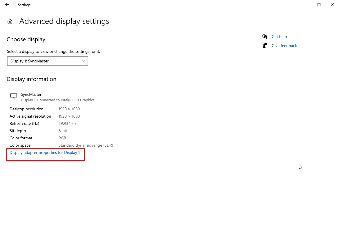 Advanced Display Settings properties