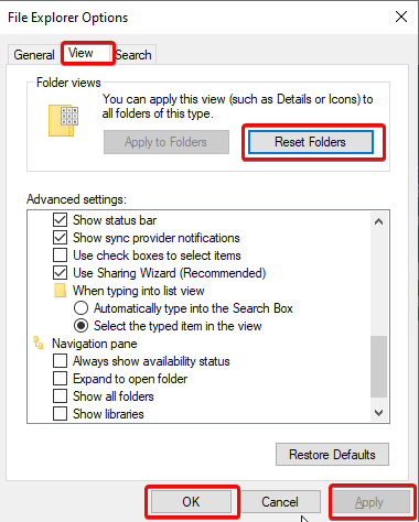 File Explorer Options - Reset Folders