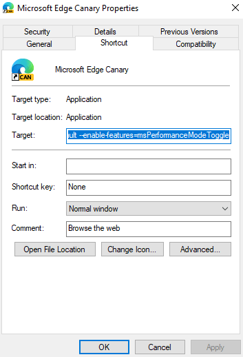 Microsoft Edge Canary Properties