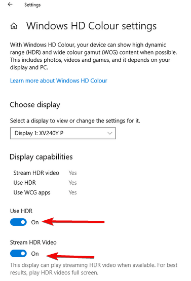 Windows HD colour settings