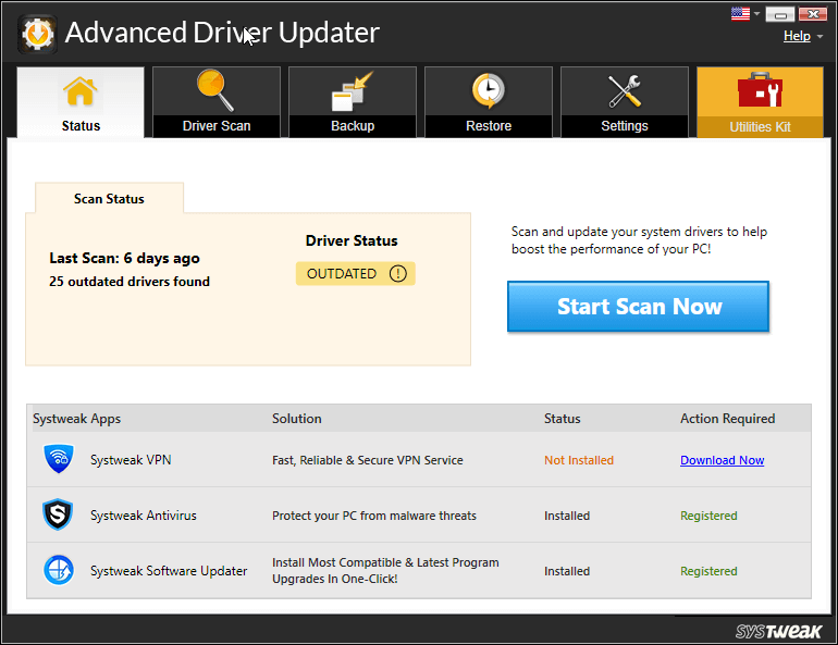 Advanced Driver Updater - Start Scan Now