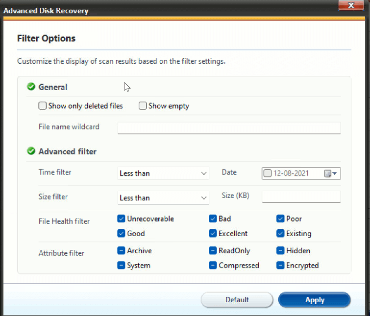 Advanced Disk Recovery _ Filter Options