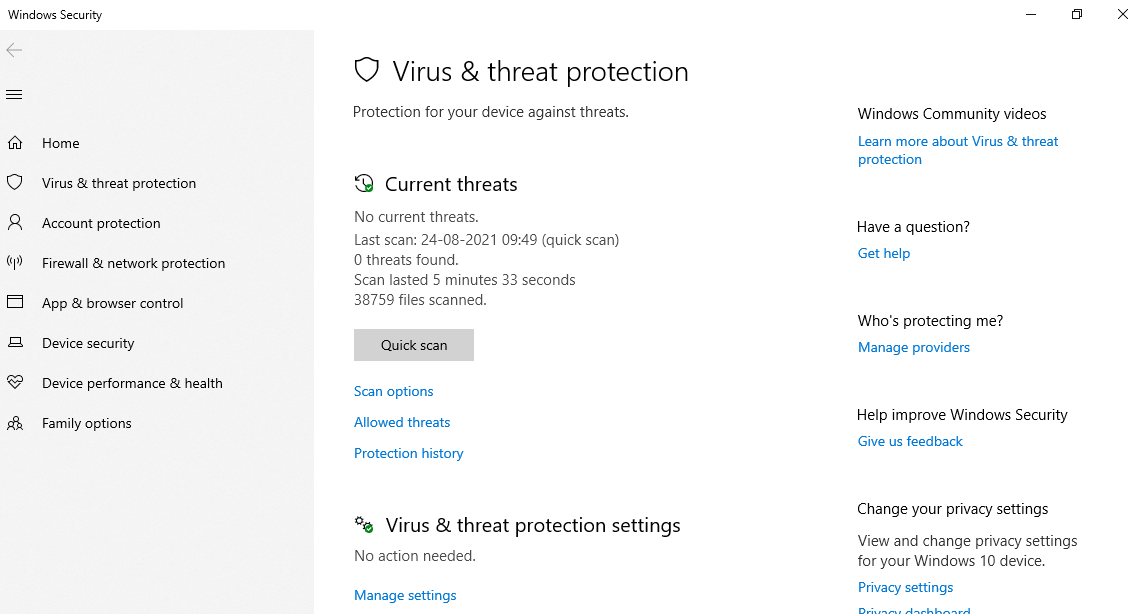 Virus and threat Protection