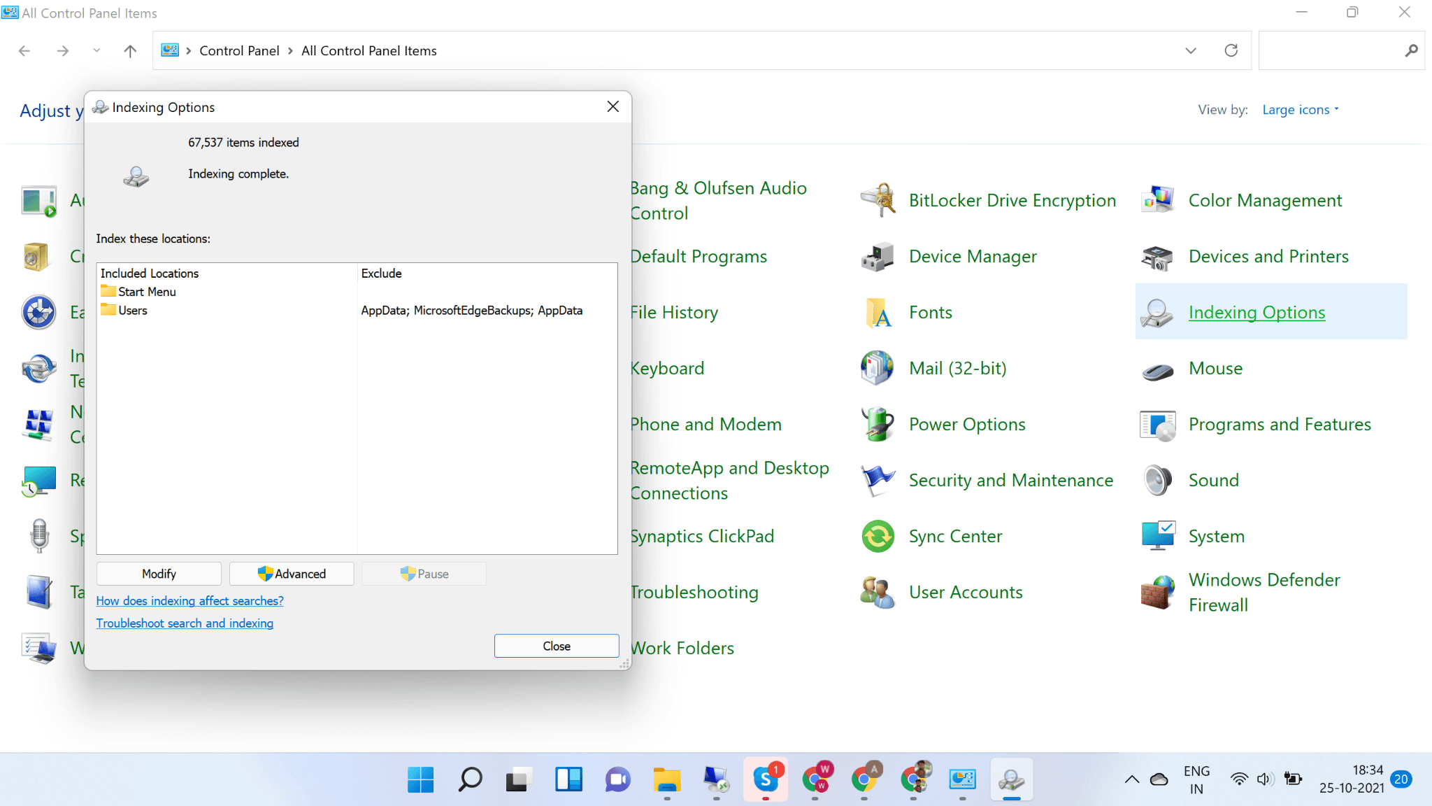 Indexing Option - Control Panel