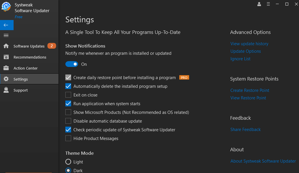 Systweak Software Updater - Setting