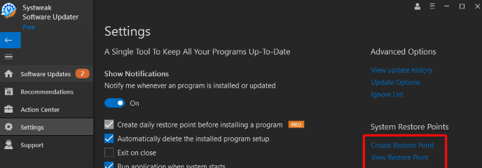 Systweak Software Updates - System Restore point