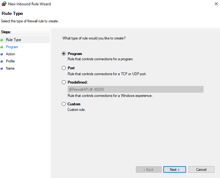 New inbound Rule Wizard