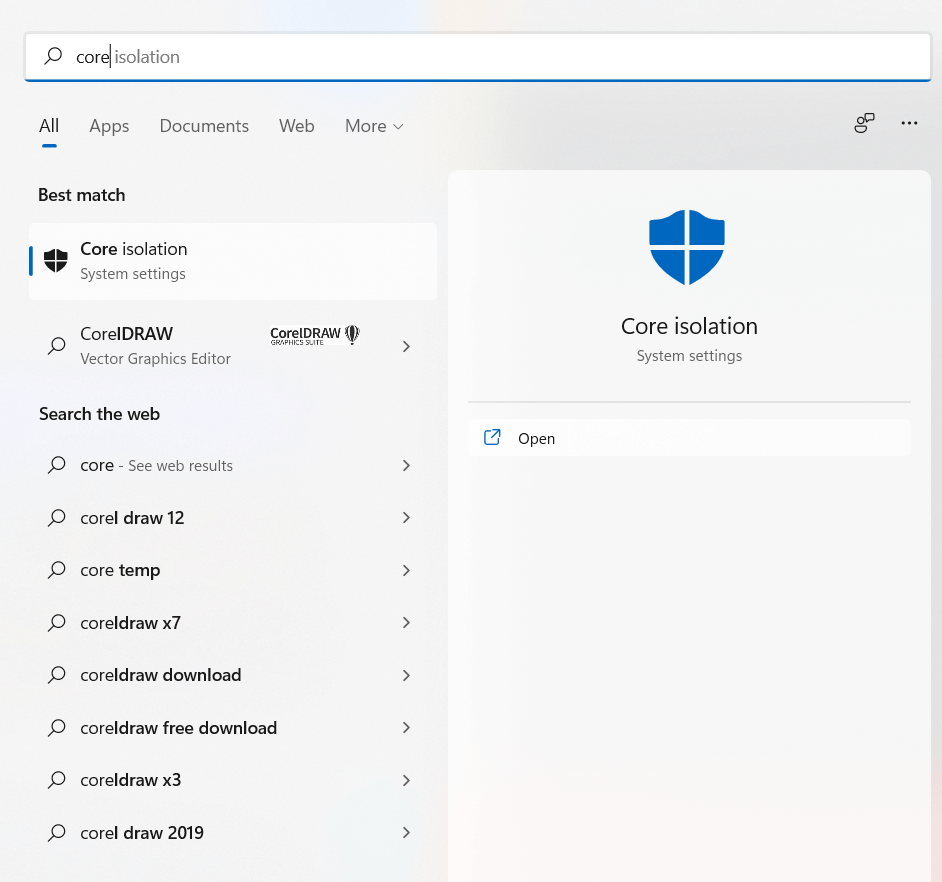 Core Isolation System Setting