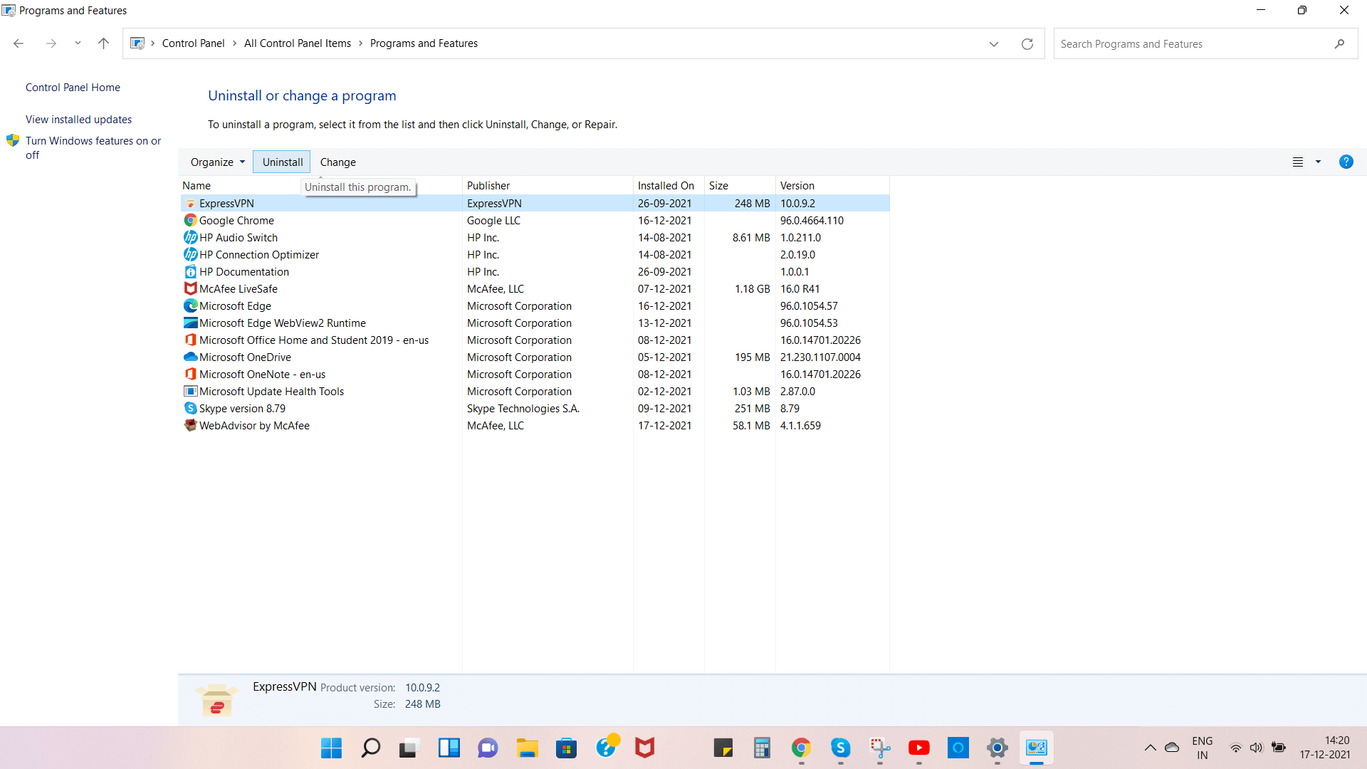 Uninstall Program and Features