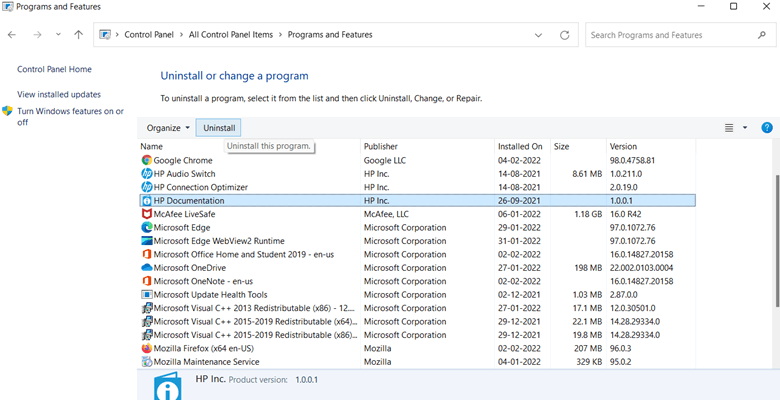 Program and Features of Control panel