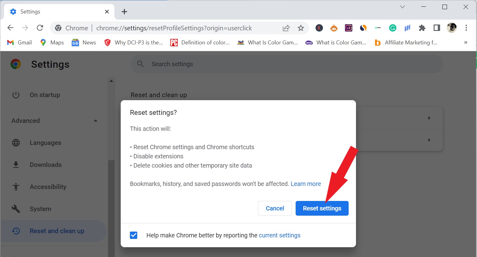 reset setting in chrome