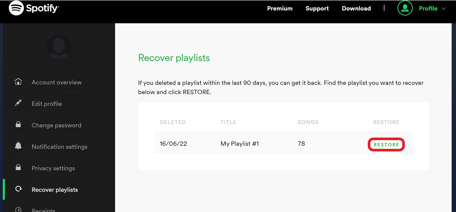 recover spotify play list