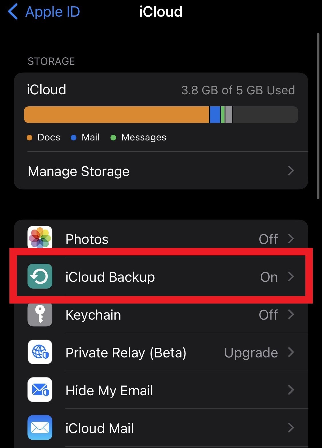 icloud backup enable