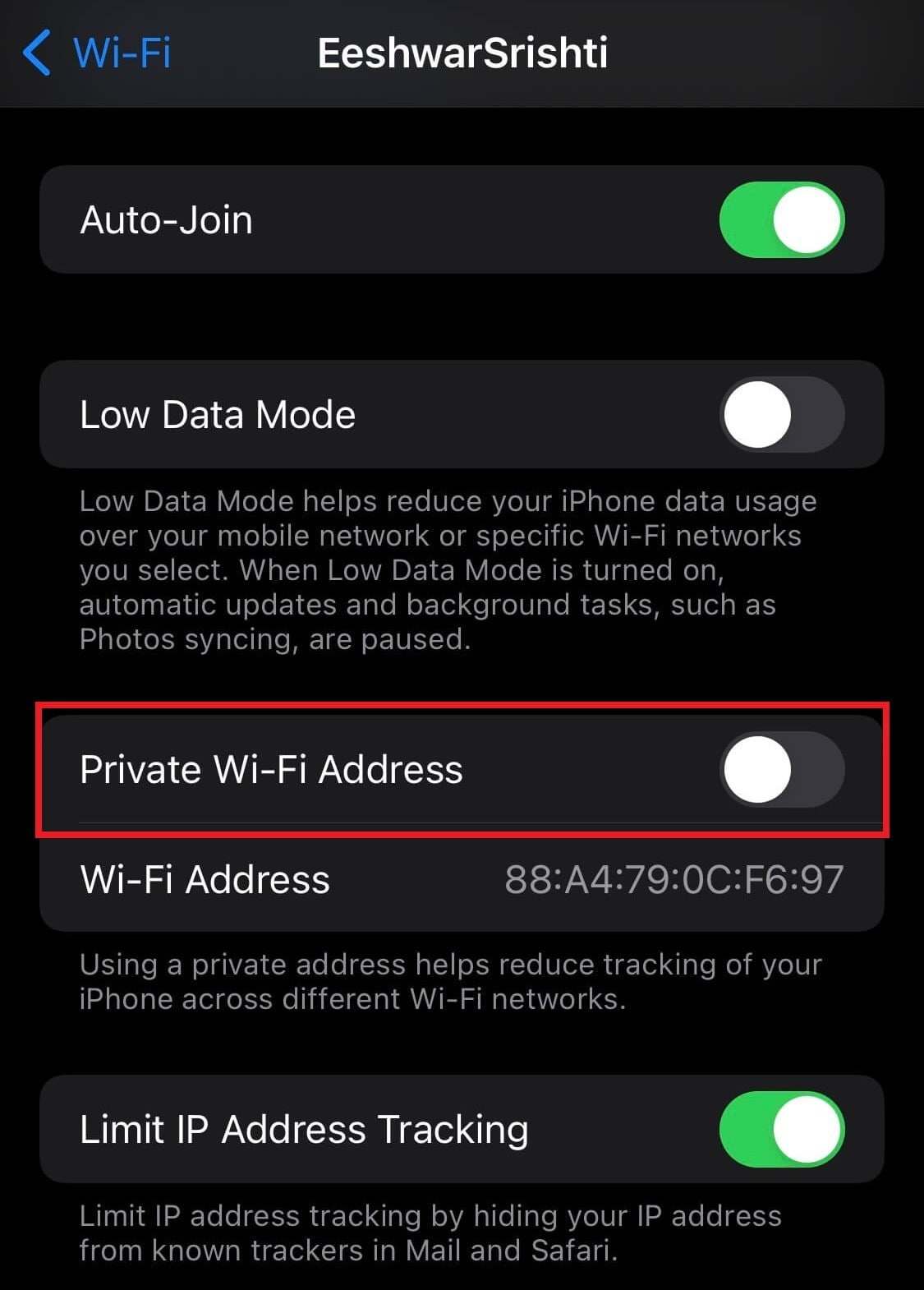 iphone private wifi address